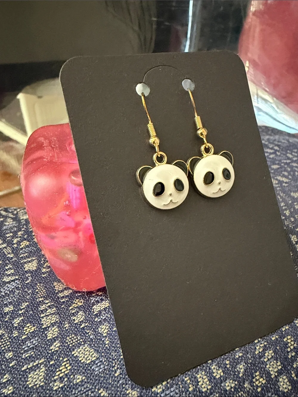 Gold Panda Face Drop Earrings - White and Black